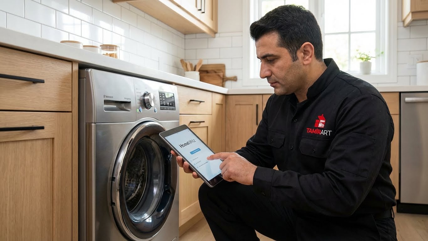 Arçelik HomeWhiz bağlantı sorununu tablet üzerinden çözen profesyonel TamirArt teknisyeni.