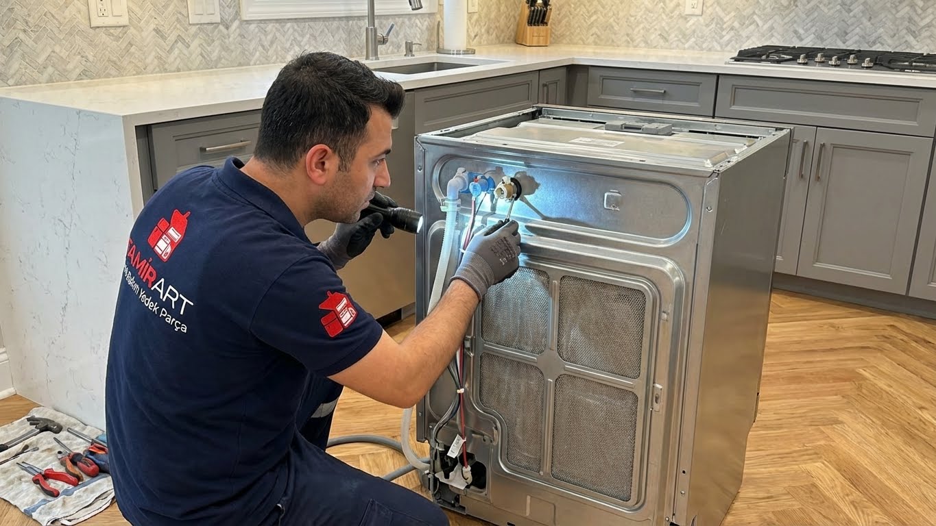 Arçelik bulaşık makinesi musluk işareti yanıp sönüyor arızası için su giriş filtresi ve vana kontrolü yapan teknik servis uzmanı.