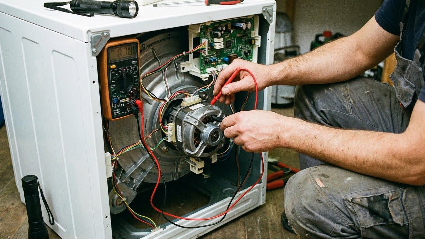 Arçelik çamaşır makinesi sıkma yapmıyor sorunu için motor ve kart testi yapan teknisyen.