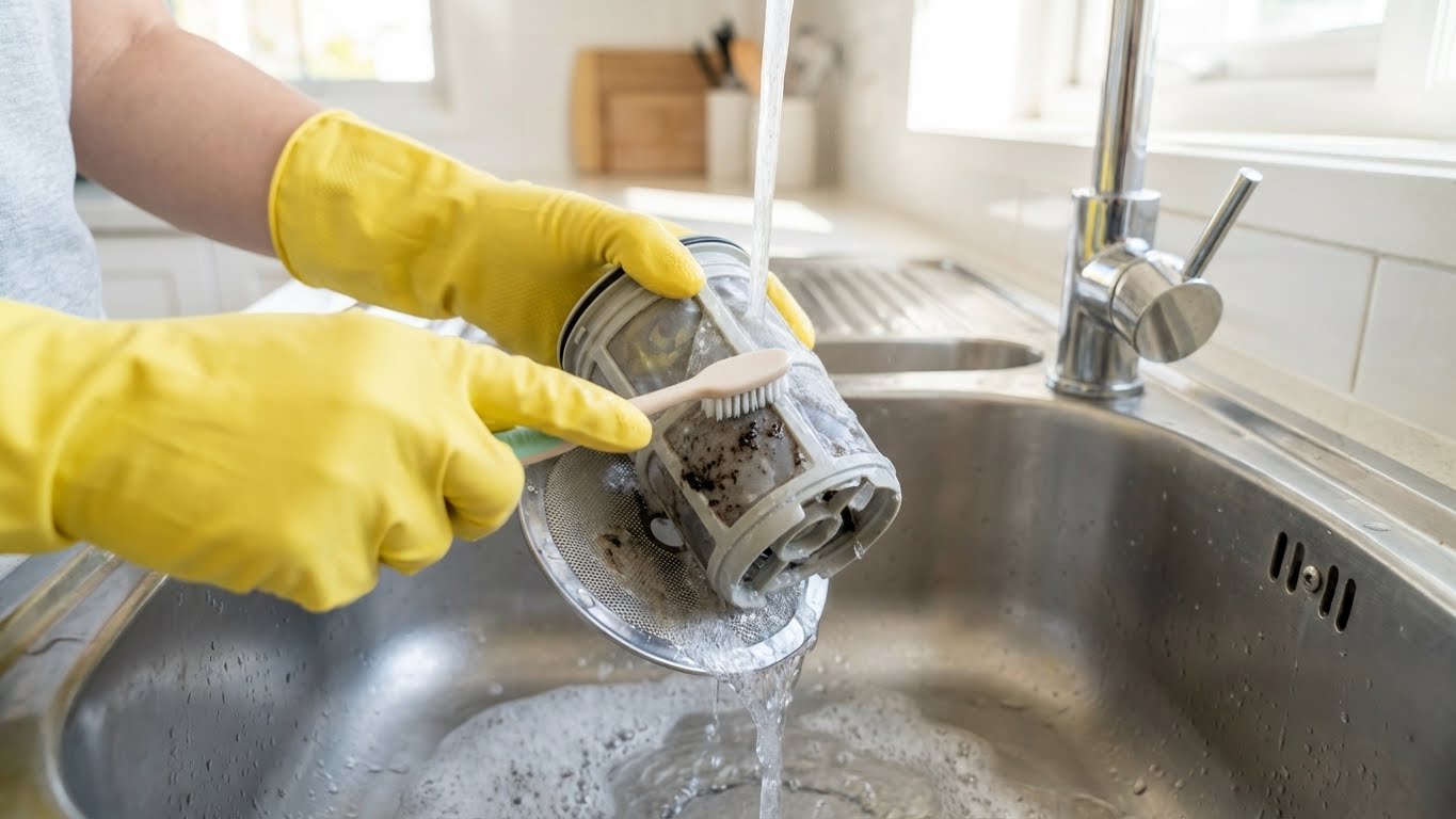 Arçelik bulaşık makinesi filtre parçalarının akan su ve fırça ile detaylı temizlenme aşaması.