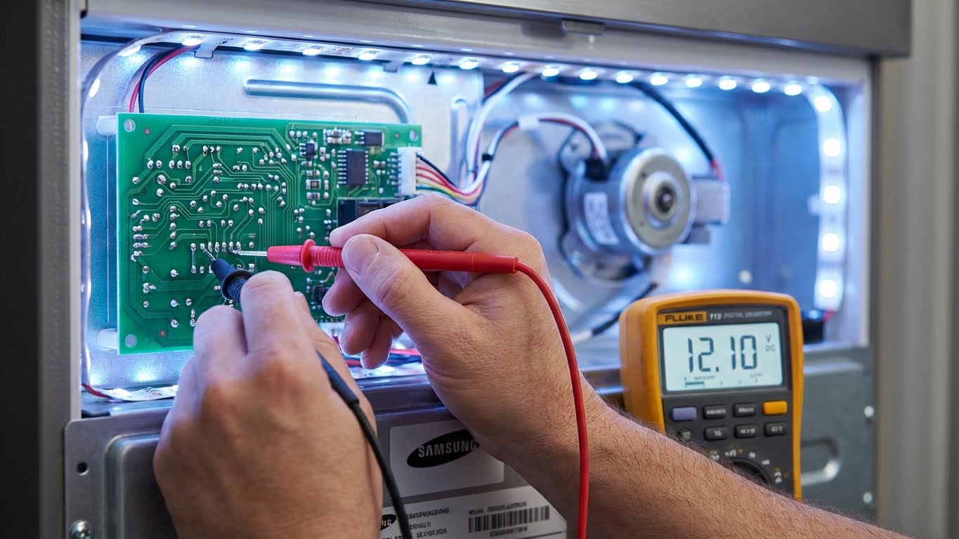 Arçelik buzdolabı soğutmuyor arızası için anakart ve sensörlerin teknik ölçüm süreci.