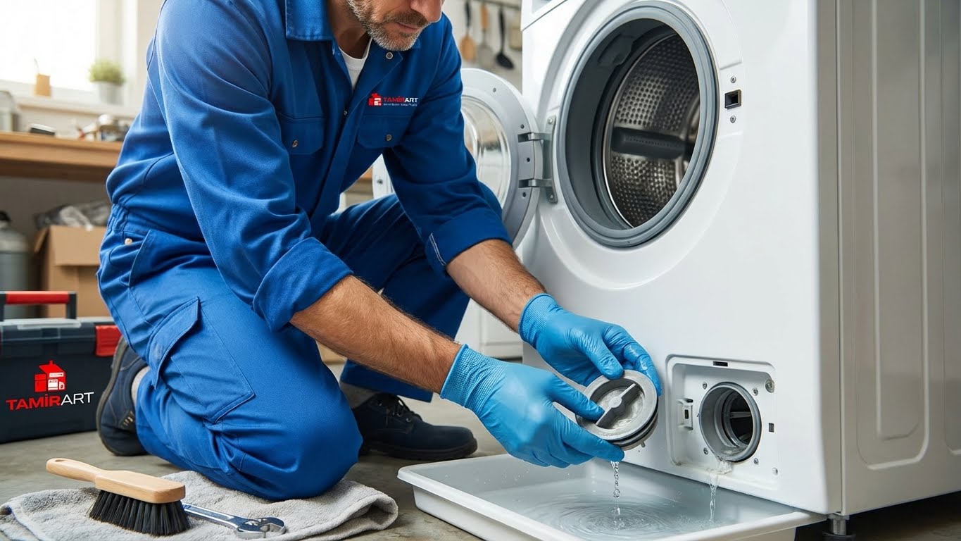 Çamaşır makinesi tahliye filtresi temizliği ve program durma arızası çözümü.