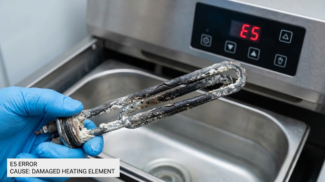 Arçelik E5 ısıtma hatasına neden olan kireçlenmiş ve patlamış arızalı rezistans parçası.