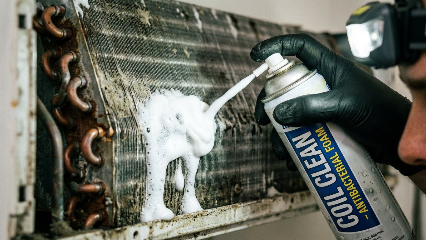 Arçelik klima bakımı sırasında evaporatör temizliği ve dezenfeksiyonu.