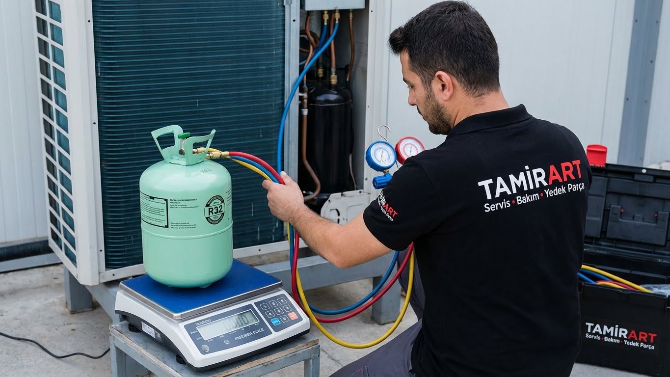 Arçelik klima servisi uzmanı tarafından hassas terazi ile gerçekleştirilen gaz şarjı işlemi.