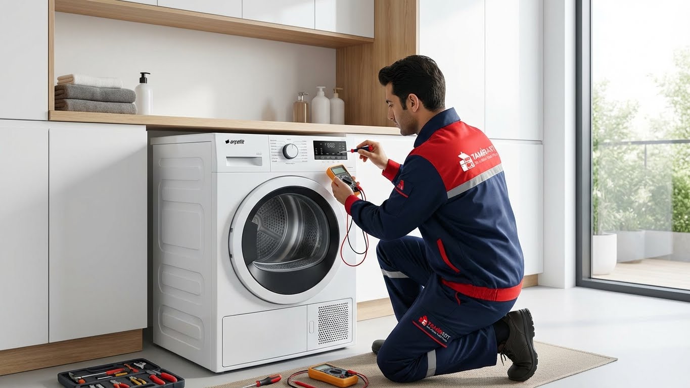 Arçelik kurutma makinesi servisi teknik arıza tespiti yapan uzman personel.