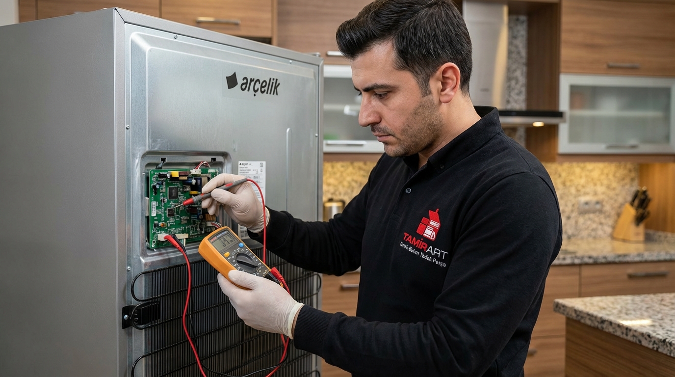 Arçelik buzdolabı arıza tespiti yapan TamirArt teknik personeli profesyonel bakım sırasında.