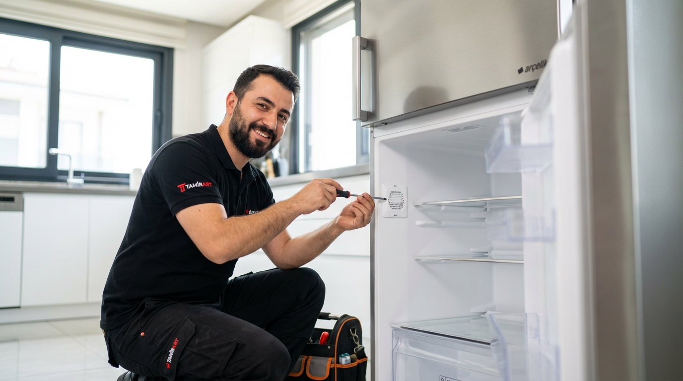 Arçelik buzdolabı E1 hatası için sensör kontrolü yapan teknik servis uzmanı.