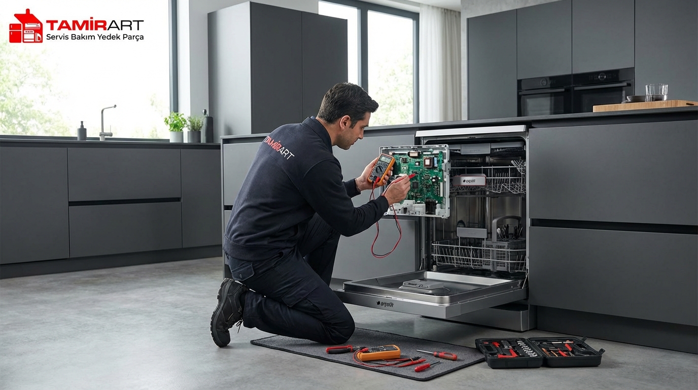 Arçelik bulaşık makinesi anakart arızasını multimetre ile tespit eden siyah üniformalı uzman TamirArt teknisyeni.