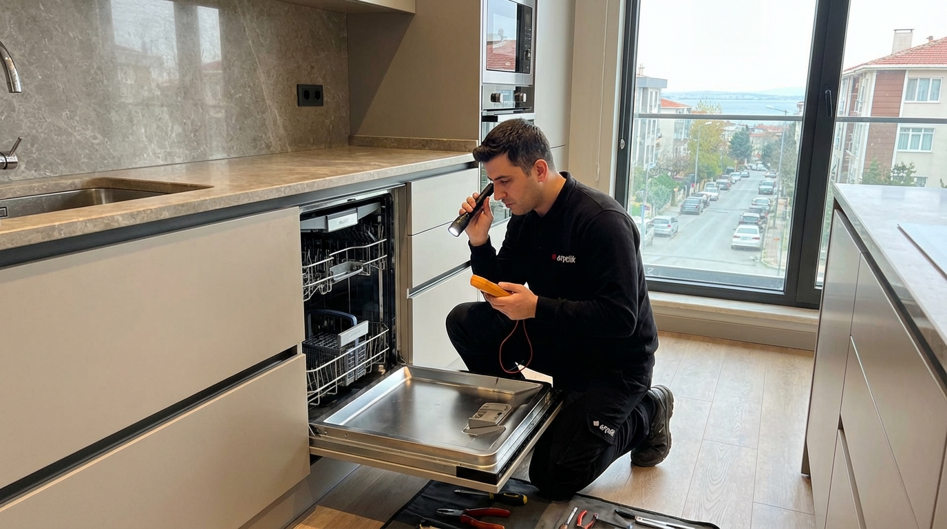 Arçelik Servis Mimaroba teknikeri bulaşık makinesi yerinde tamir süreci.