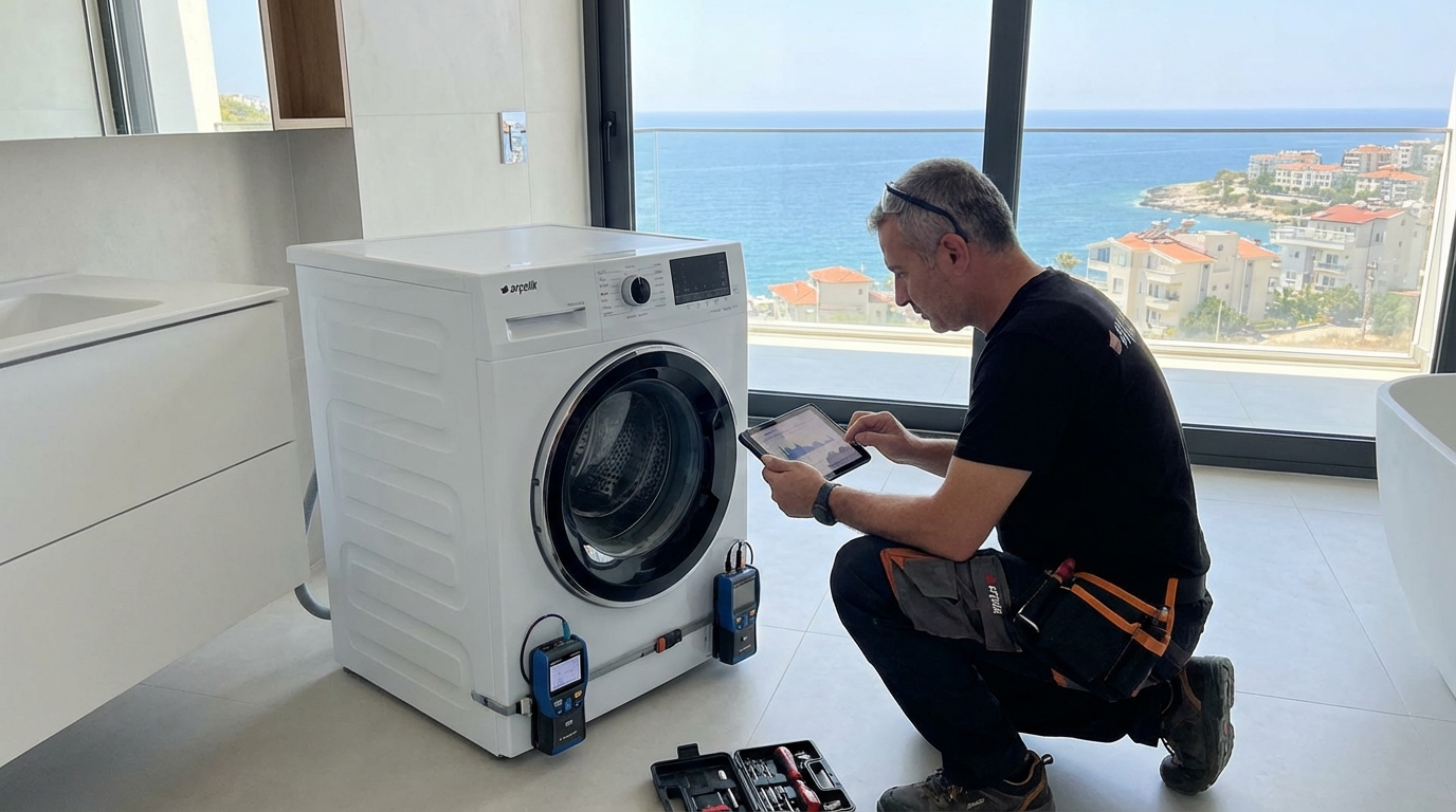 Arçelik Servis Sinanoba teknikeri çamaşır makinesi amortisör değişimi yapıyor.