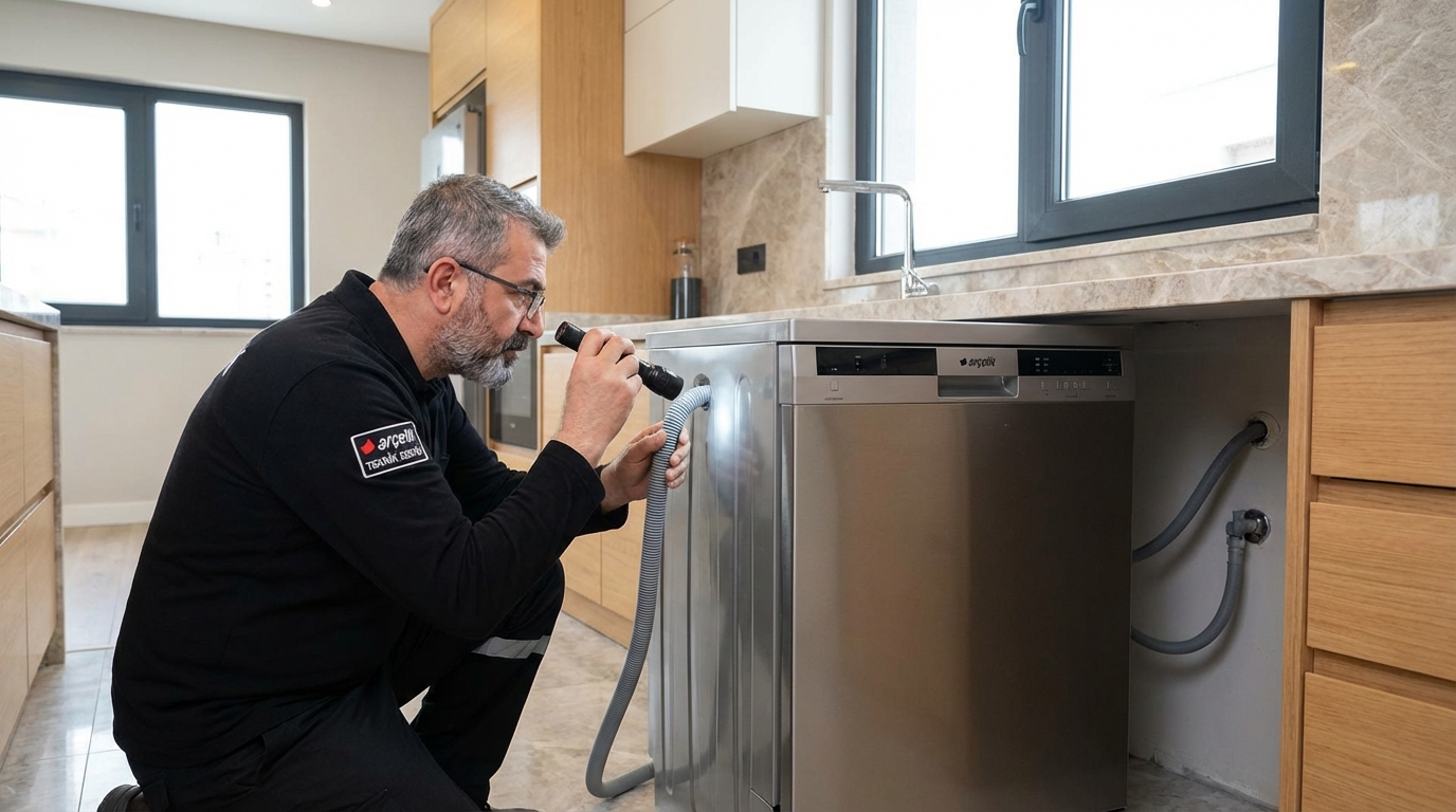 Arçelik bulaşık makinesi tahliye hortumu temizliği yapan uzman teknisyen.