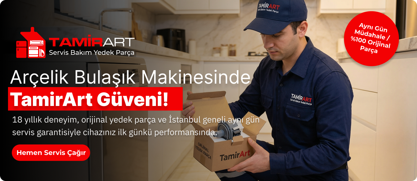 TamirArt teknik servis personeli Arçelik bulaşık makinesi tamiri için orijinal yedek parça kutusuyla profesyonel onarım hizmeti verirken; 18 yıllık deneyim vurgusu.