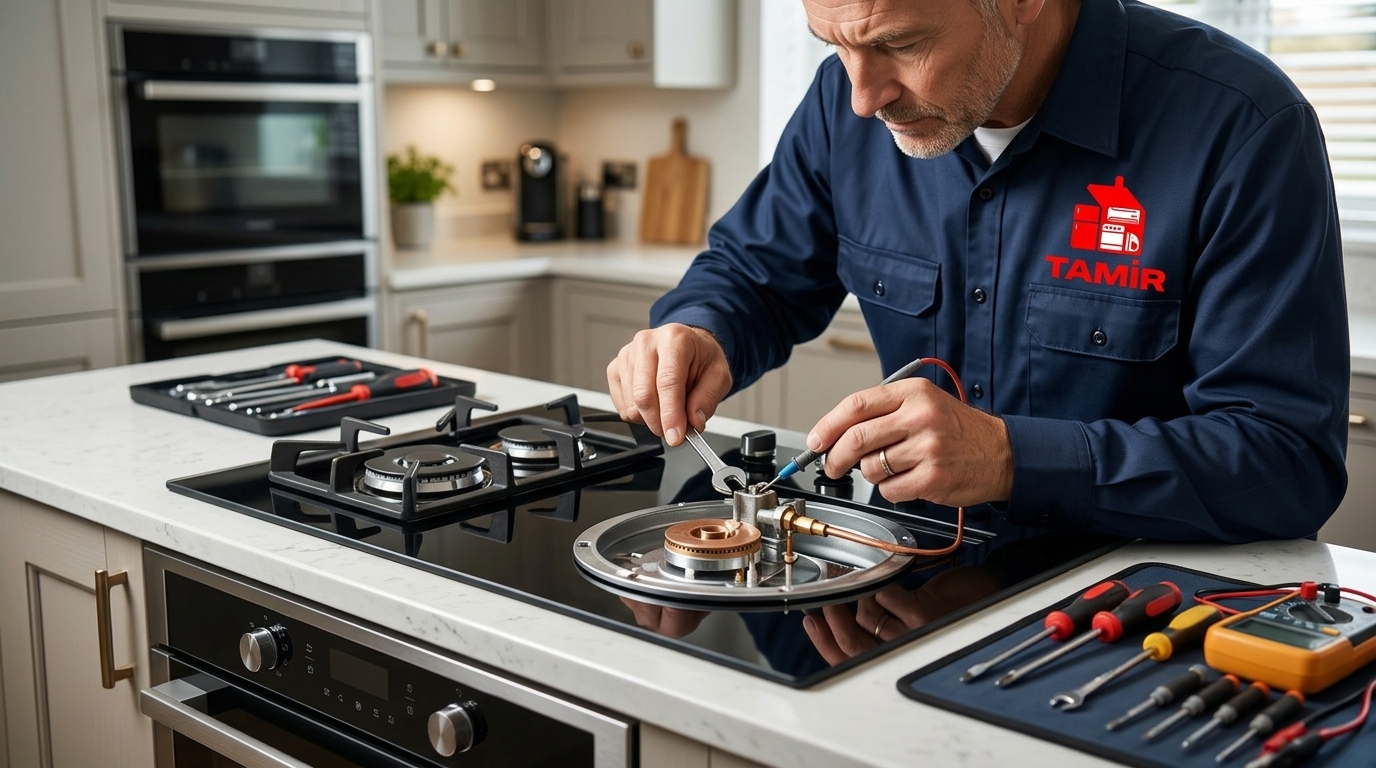 Uzman teknik servis ekibinin İstanbul'da gerçekleştirdiği ankastre ocak gaz valfi tamiri.