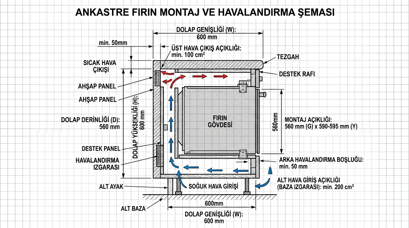 Ankastre fırın doğru montaj ve havalandırma boşluğu teknik şeması.