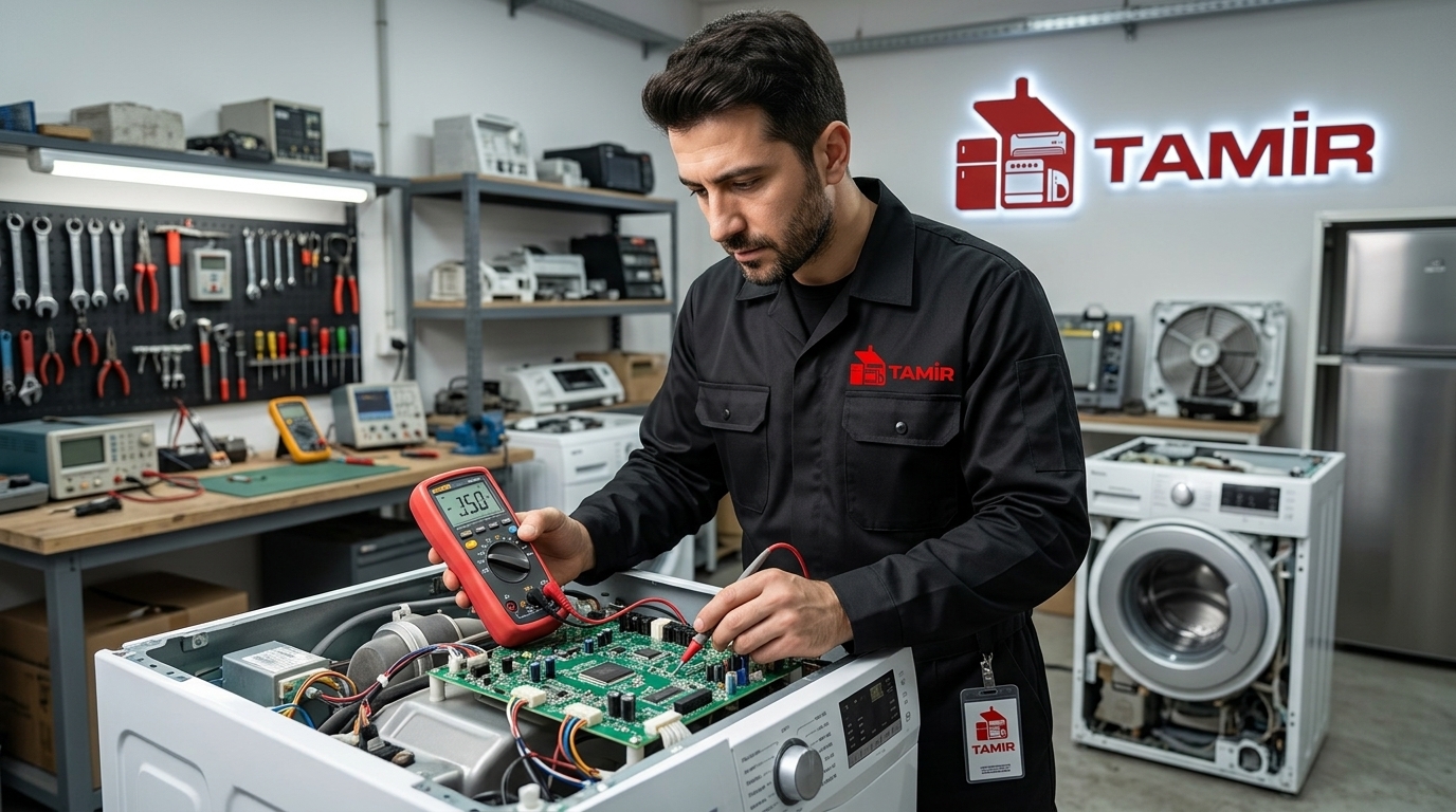 Arçelik çamaşır makinesi servisi uzman teknisyen kart onarımı yaparken