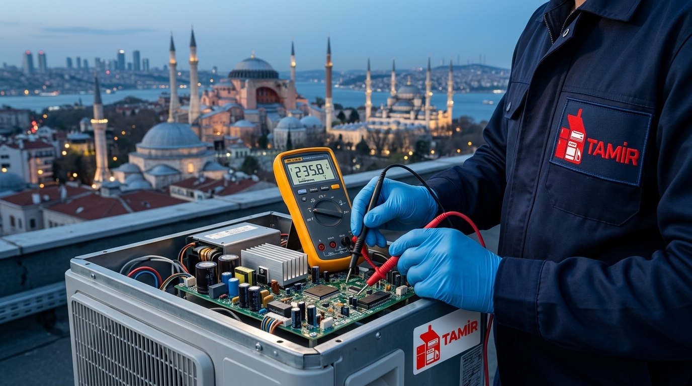 İstanbul klima servisi ekiplerinin yerinde kart arıza tespiti uygulaması.