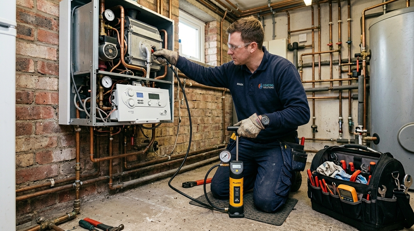 Uzman kombi servisleri tarafından gerçekleştirilen genleşme tankı bakımı ve basınç ayarı.