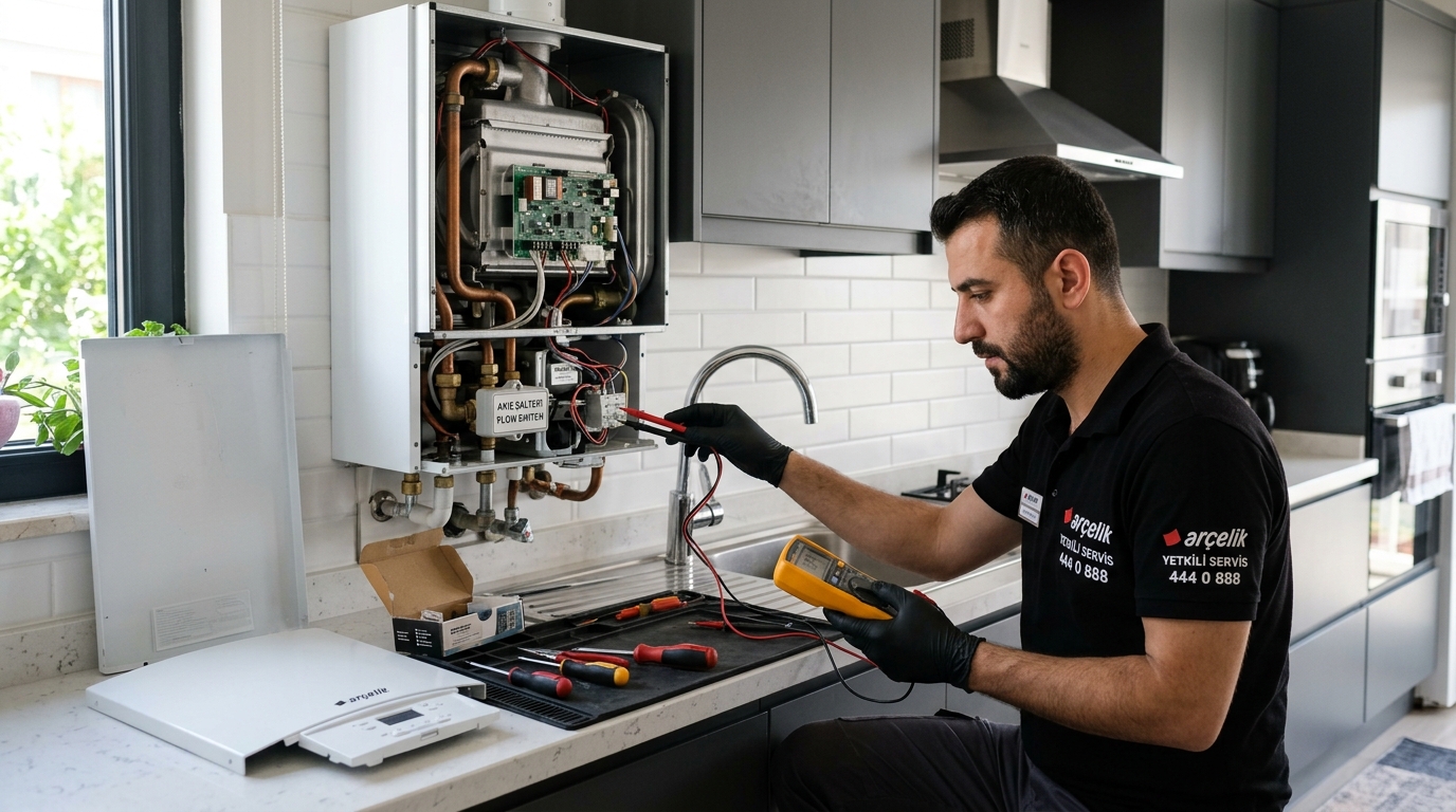 Kombi sıcak su vermiyor arızası için uzman teknisyen tarafından yapılan akış şalteri testi.