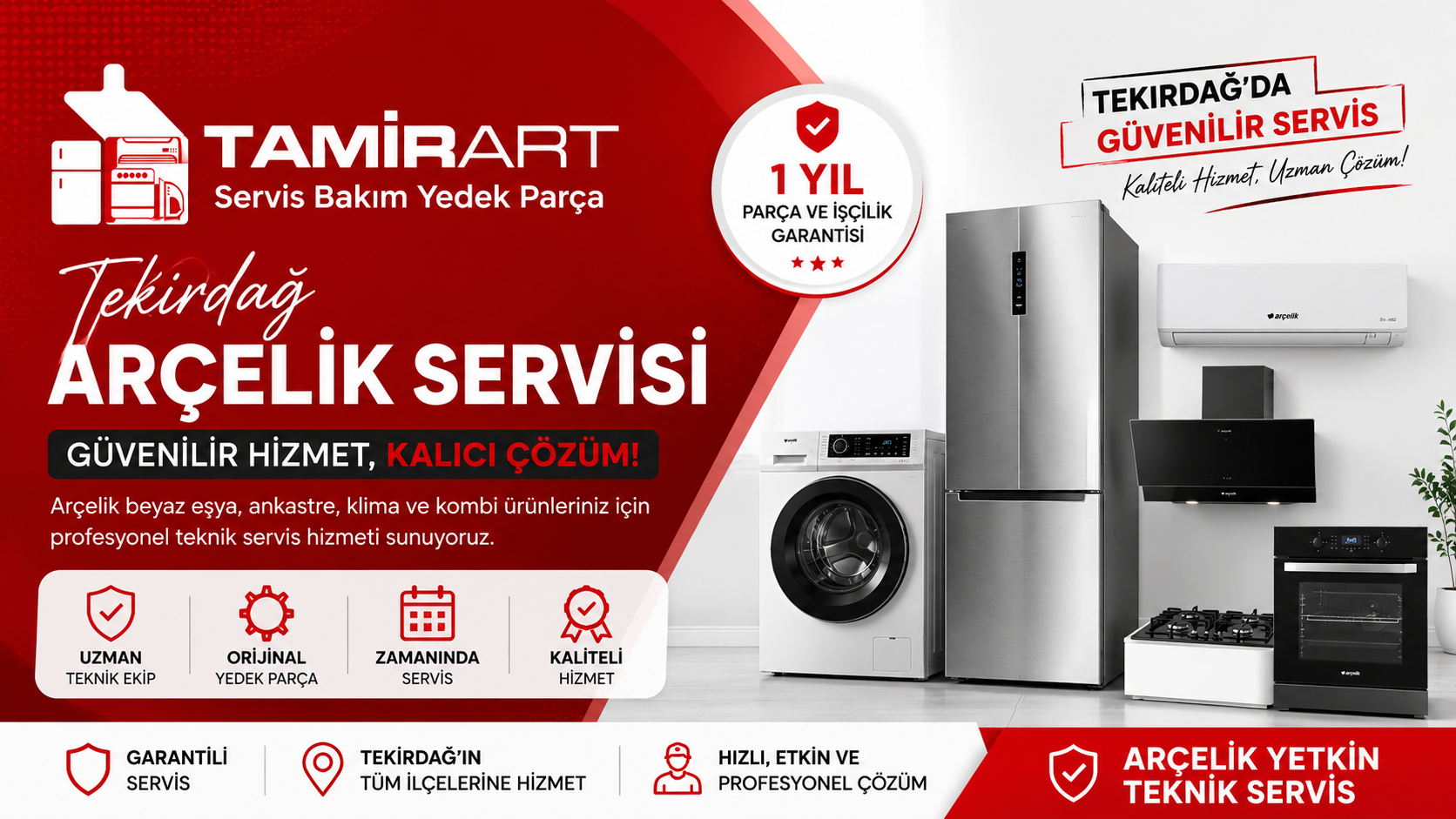 Tekirdağ’da Arçelik beyaz eşya, ankastre, klima ve kombi servisi hizmeti sunan TamirArt teknik servis banner görseli.